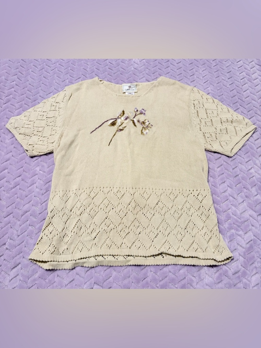 Susan Bristol Cream Knit Short-Sleeve Top with Embroidered Florals
